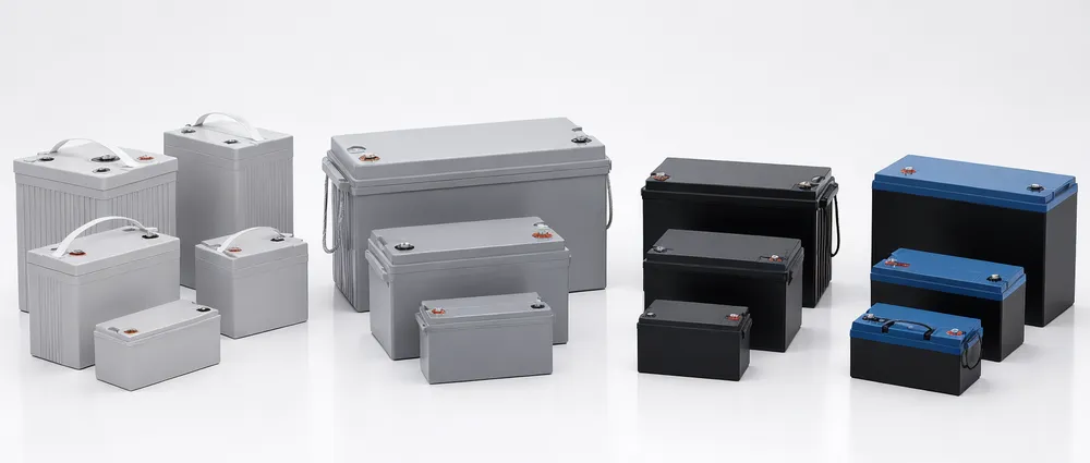 Catalog positioning comparison showing deep-cycle gel, 12V gel, AGM, and LiFePO4 solar battery product lines for B2B distributors