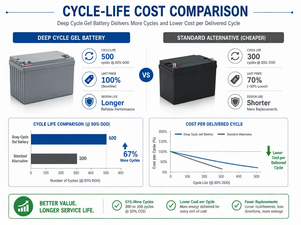 Cycle-life cost comparison chart showing deep cycle gel battery value over standard alternatives