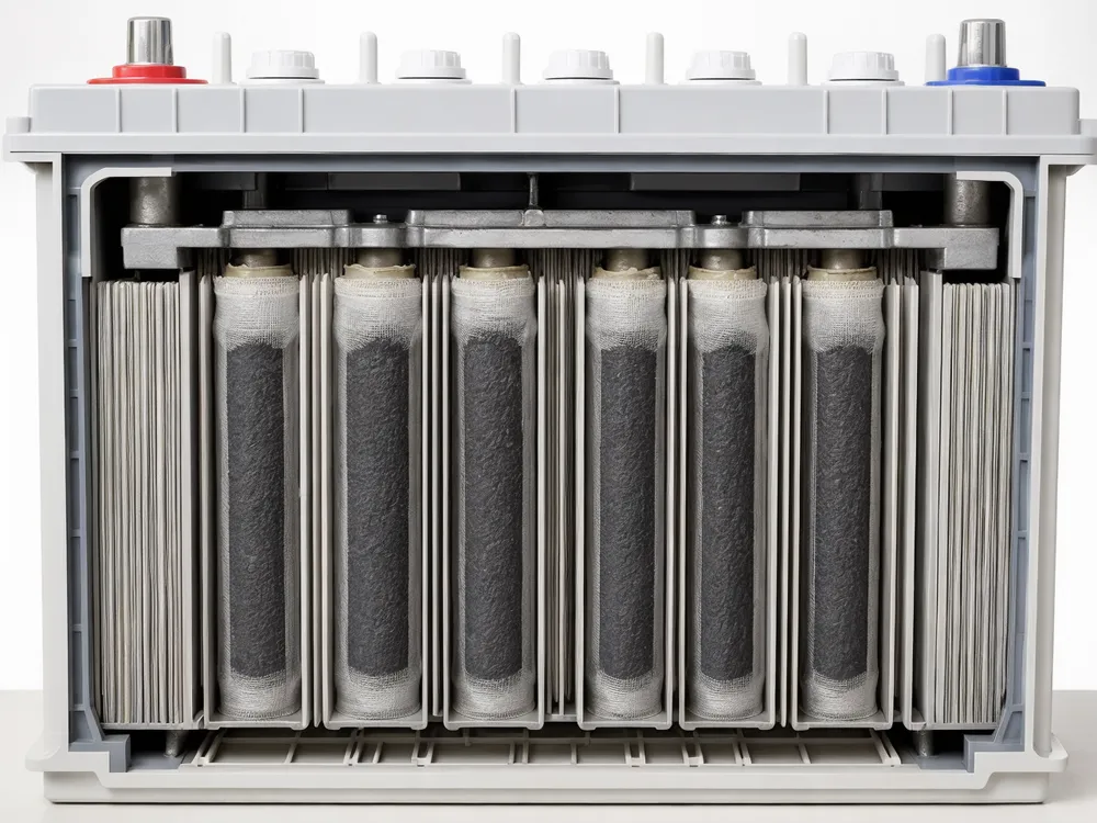 Tubular gel solar battery internal construction showing polyester gauntlet tubes containing lead dioxide active material