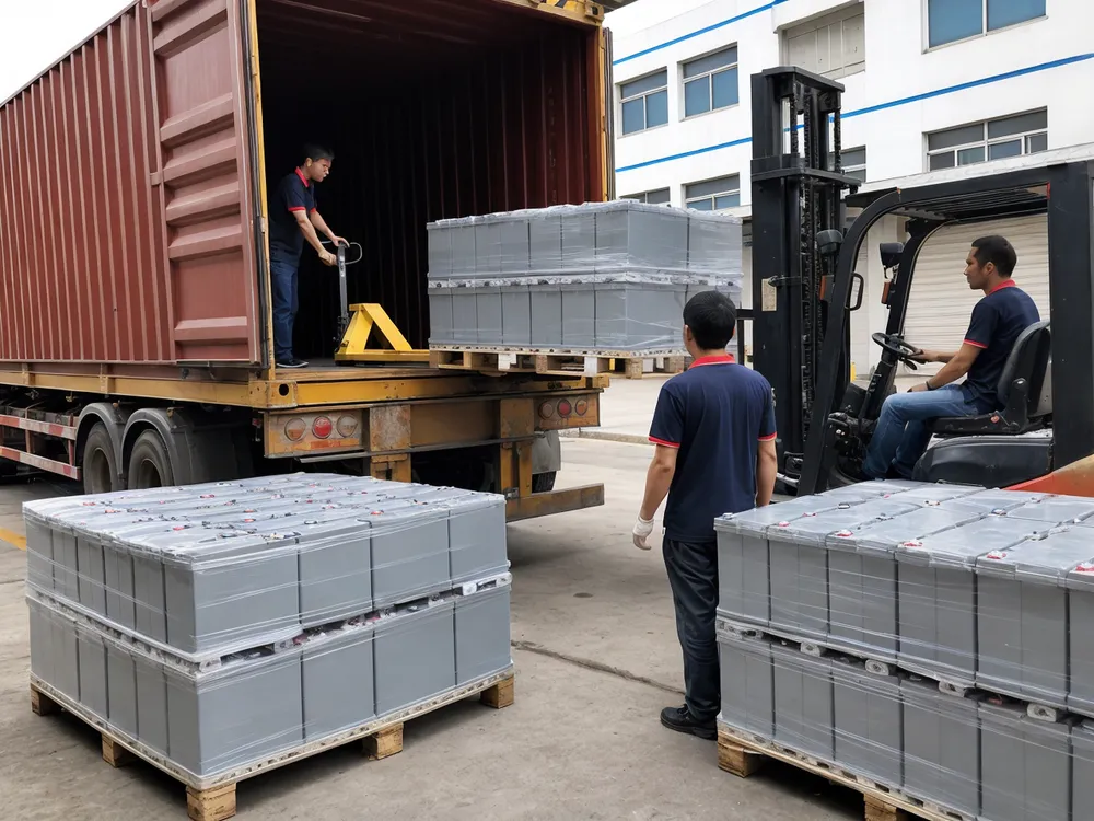 Gel solar batteries being loaded for distribution to off-grid markets in Africa and Southeast Asia
