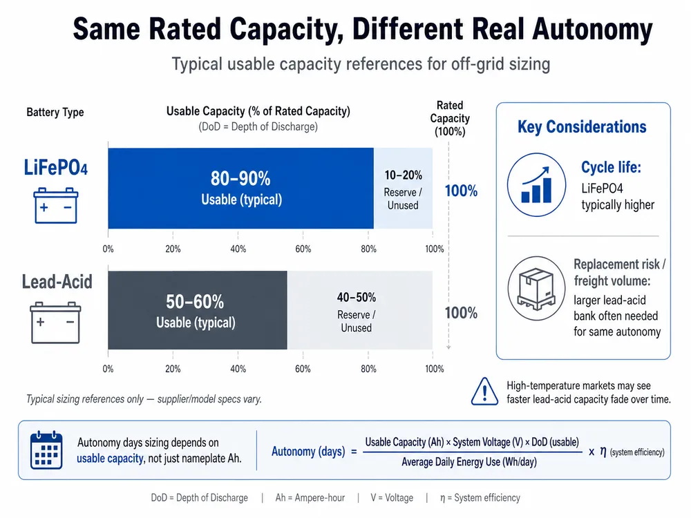 LiFePO4 and lead-acid solar battery usable capacity comparison for off grid autonomy sizing