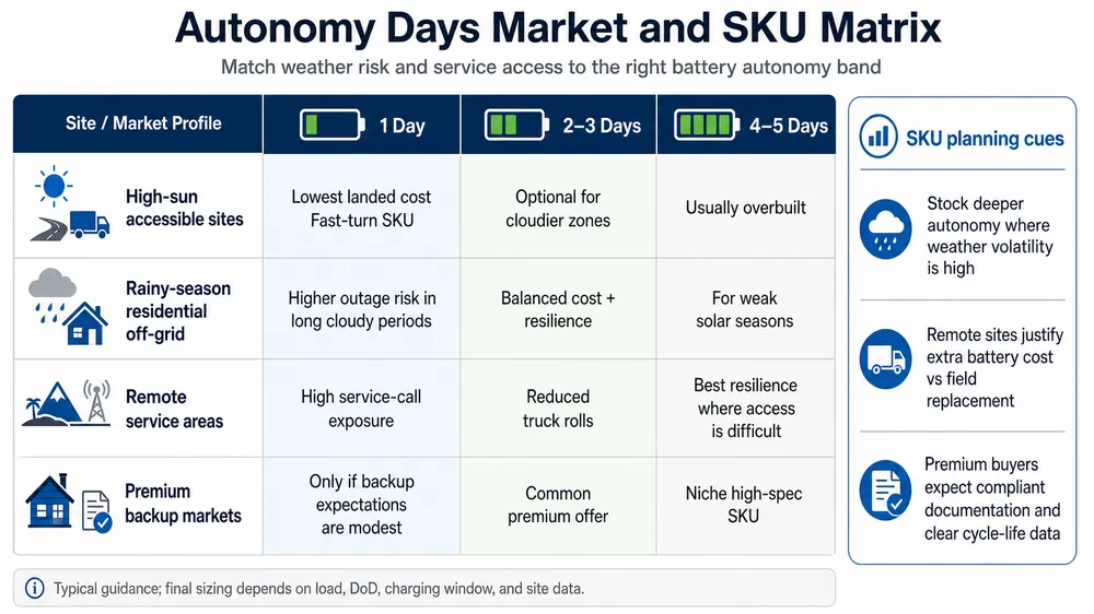 Matrix matching off grid battery autonomy days to market climate conditions and wholesale SKU strategy