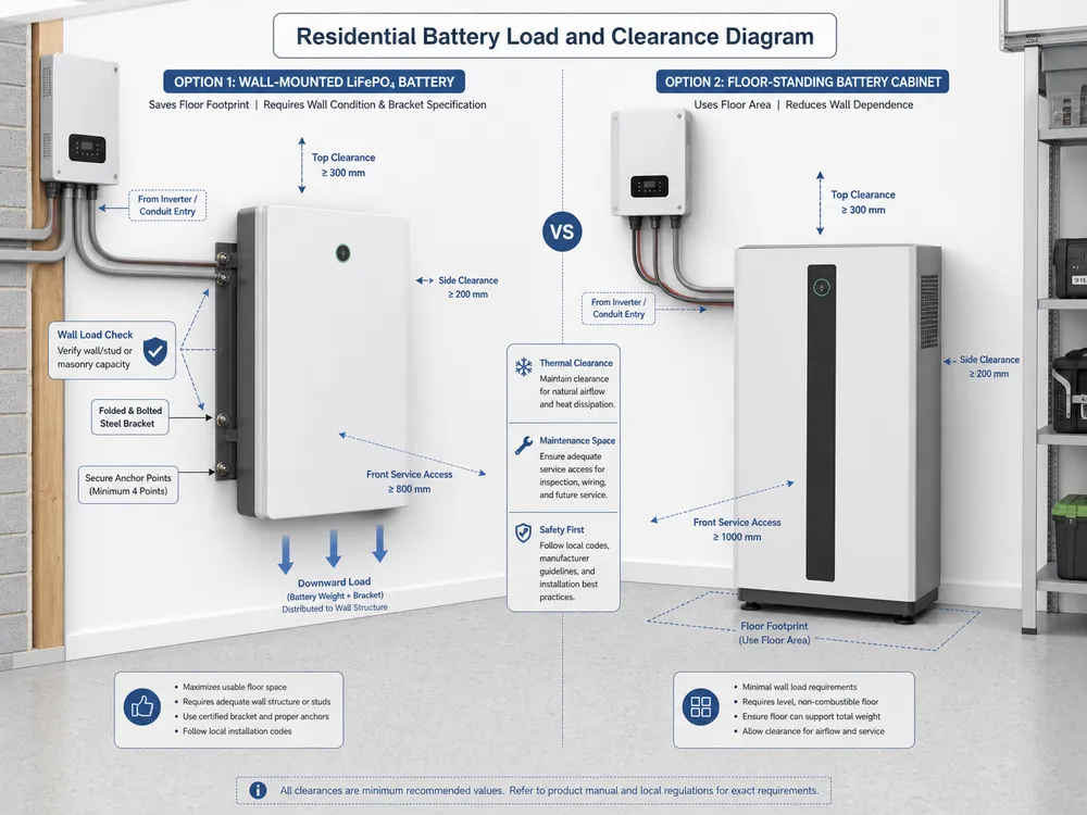 Residential solar battery diagram showing wall load checks, mounting bracket position, floor footprint, and thermal clearance zones.