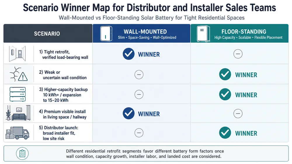 Scenario winner map comparing wall-mounted and floor-standing solar battery choices for residential retrofit markets.