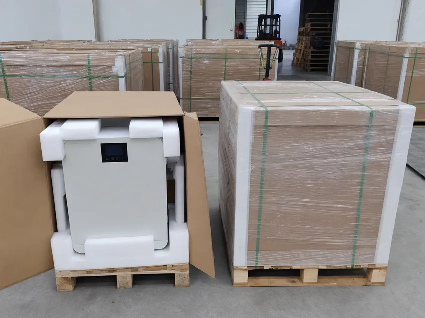Export packaging for lithium home solar battery backup units with foam cushioning and palletization