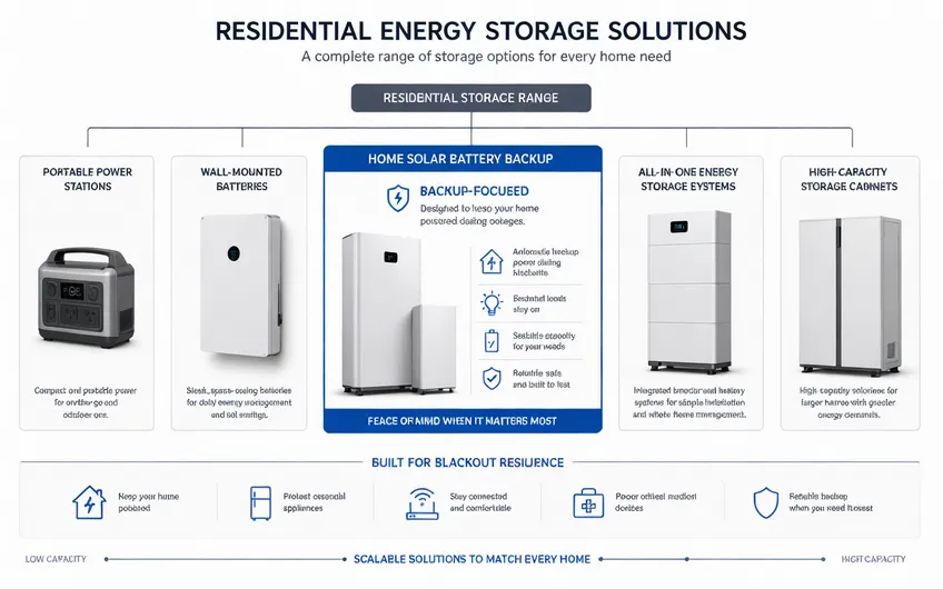 Diagram showing home solar battery backup positioned within the residential storage product line