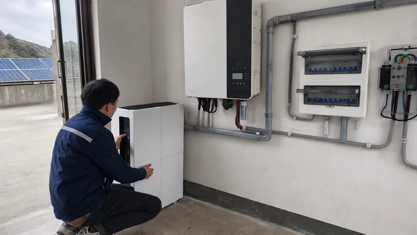 Installer adding hybrid battery pack to existing solar PV system with hybrid inverter