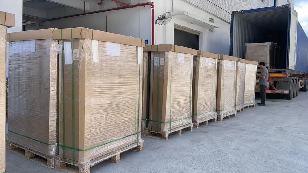 Palletized battery shipment with reinforced packaging ready for container loading