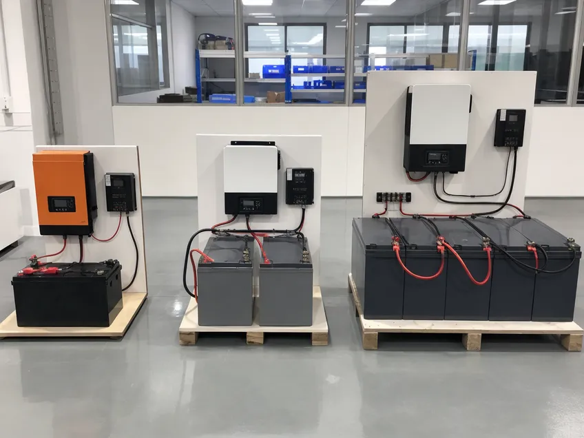 12V, 24V, and 48V off-grid solar battery configurations side by side