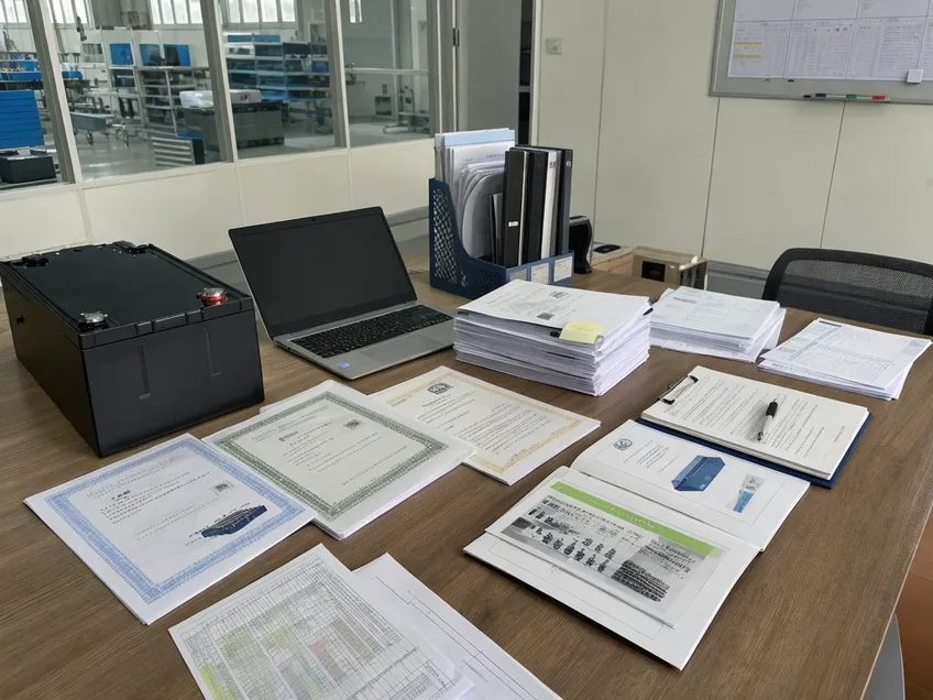 Solar battery compliance documentation including UN38.3, CE, and IEC certificates