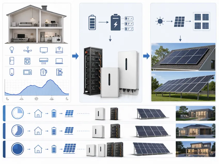 Solar panel to battery sizing diagram showing daily energy requirement flow from load profile to battery capacity to panel array