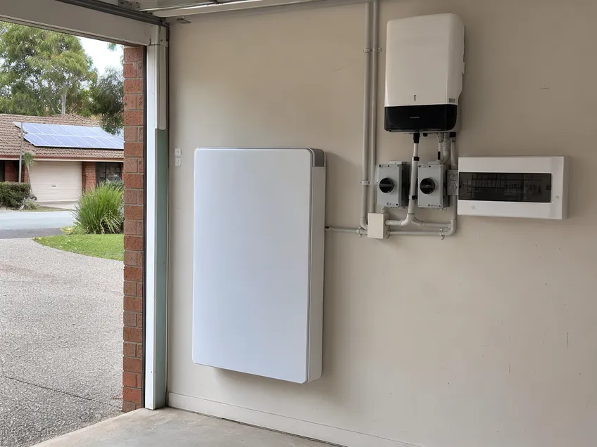 Wall mounted battery in an Australian garage retrofit installation with existing rooftop solar panels
