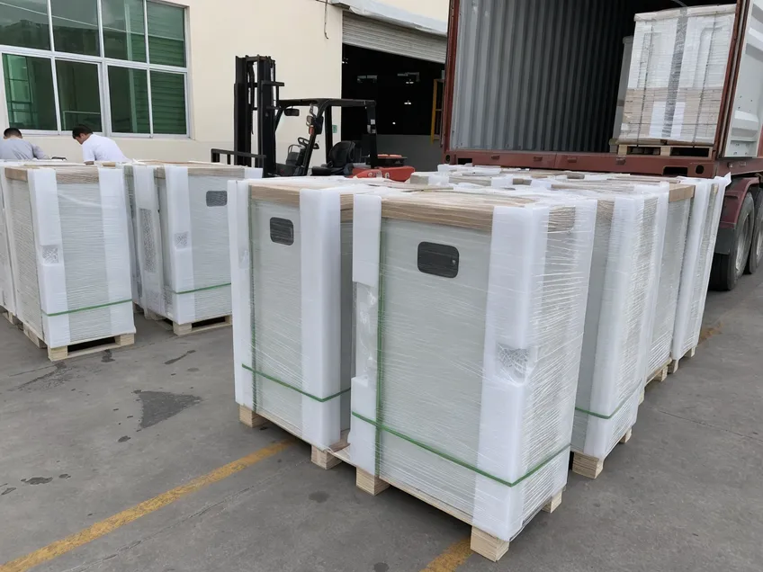 Wall mounted solar battery export packaging with foam cushioning and pallet loading