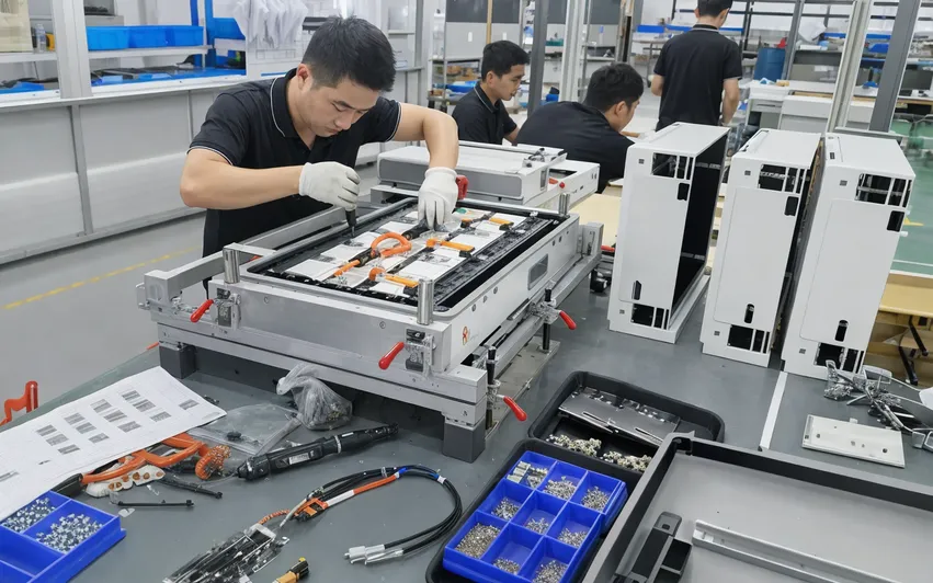 Precision jig fixture assembly for slim wall-mount battery packs