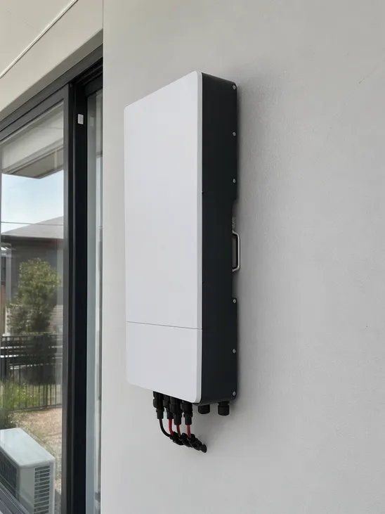 Side profile view of wall mounted solar battery showing sub-180mm enclosure depth for slim wall installation