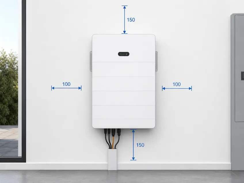 Wall mount solar battery installation clearance diagram showing recommended spacing above, below, and beside the unit