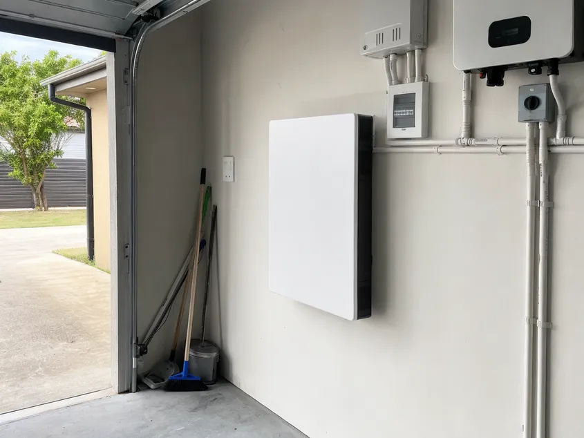 Wall mounted solar battery installed on residential garage wall showing slim profile and clean cable routing