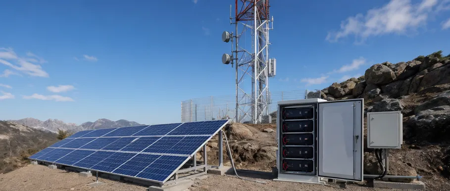 Solar battery backup system powering remote telecom cell tower