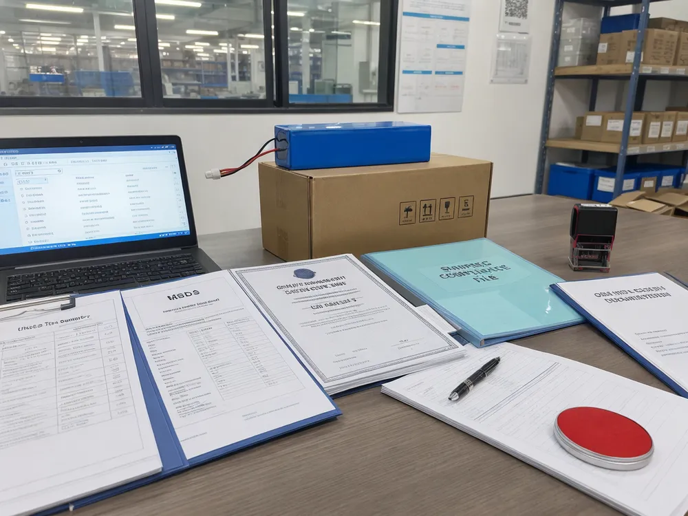 Lithium battery compliance documentation including UN38.3 test summary and MSDS for export shipments