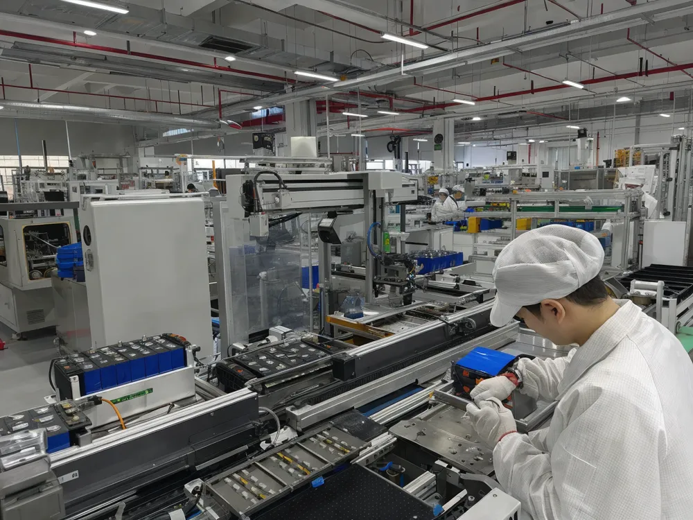 EVANBattery LiFePO4 solar battery production facility in Zhongshan showing automated cell sorting and pack assembly lines