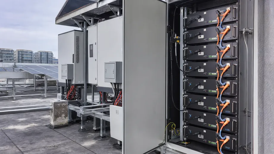 Commercial rooftop solar battery system with rack-mounted 48V LiFePO4 modules and CAN bus integration