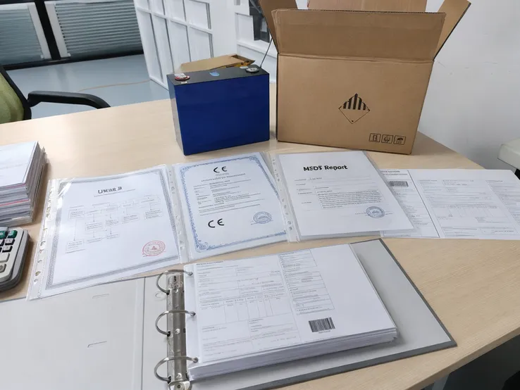 Battery export documentation package including UN38.3, CE, and MSDS certificates