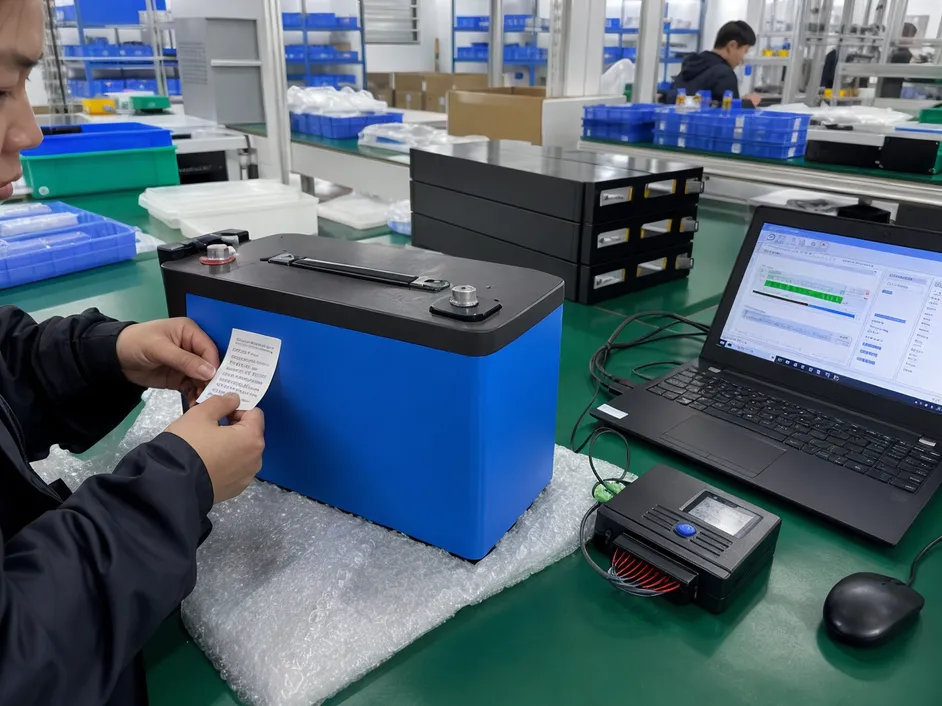 Battery sample undergoing label adhesion and BMS communication verification