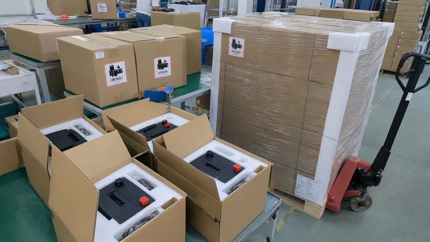 Portable solar battery units packed in foam-lined cartons with UN3481 lithium battery handling labels on palletized shipment