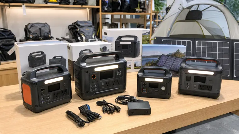 Portable solar battery for camping retail channel — compact, lightweight units with LED lighting