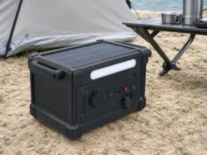 Rugged portable solar battery for camping with weather-resistant housing and integrated lighting