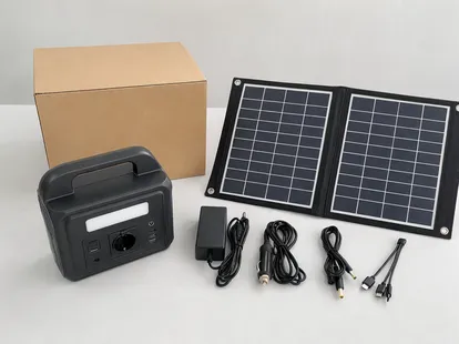 Portable solar battery kit with bundled panel, cables, and retail-ready packaging