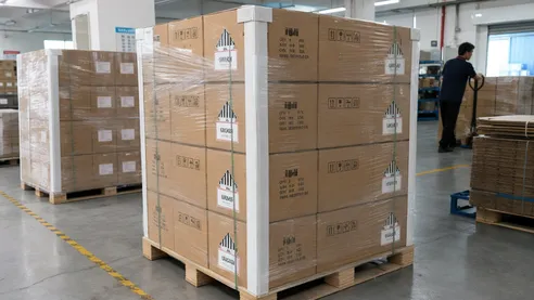 Master carton palletization with lithium battery handling labels for portable solar charger bulk shipping