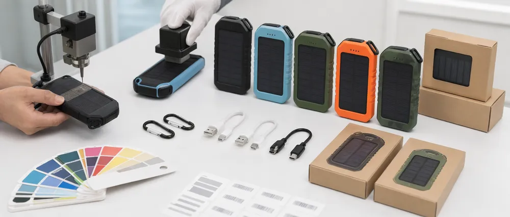 Solar power bank OEM customization options including logo printing, color selection, and packaging design