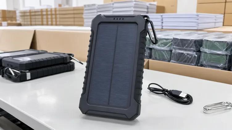 Rugged IP65-rated solar charger with carabiner loop for outdoor retail distribution