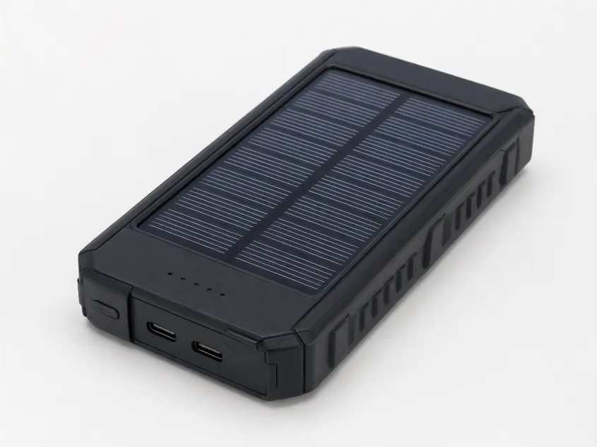 Portable solar battery charger with integrated solar panel and USB-C output ports