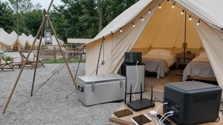 Solar batteries powering glamping tent lighting and charging stations at a campsite