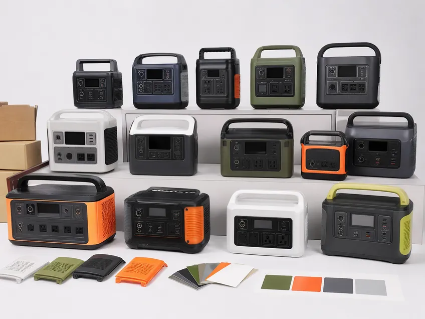 OEM/ODM camping solar battery customization options showing branding, shell colors, and port configurations