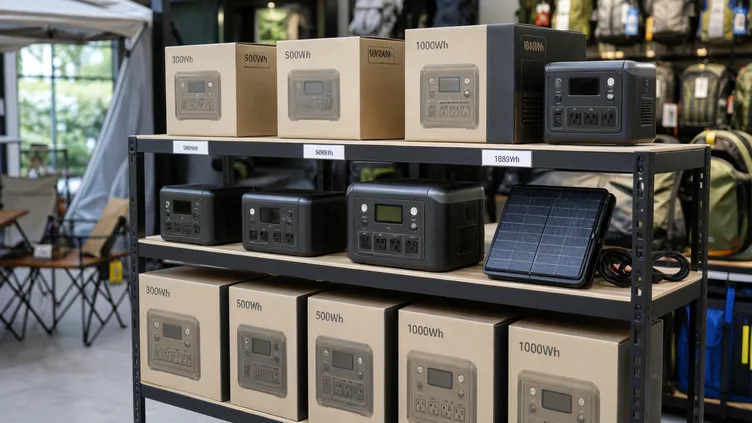 Branded portable solar batteries displayed on retail camping store shelves with clear capacity labeling