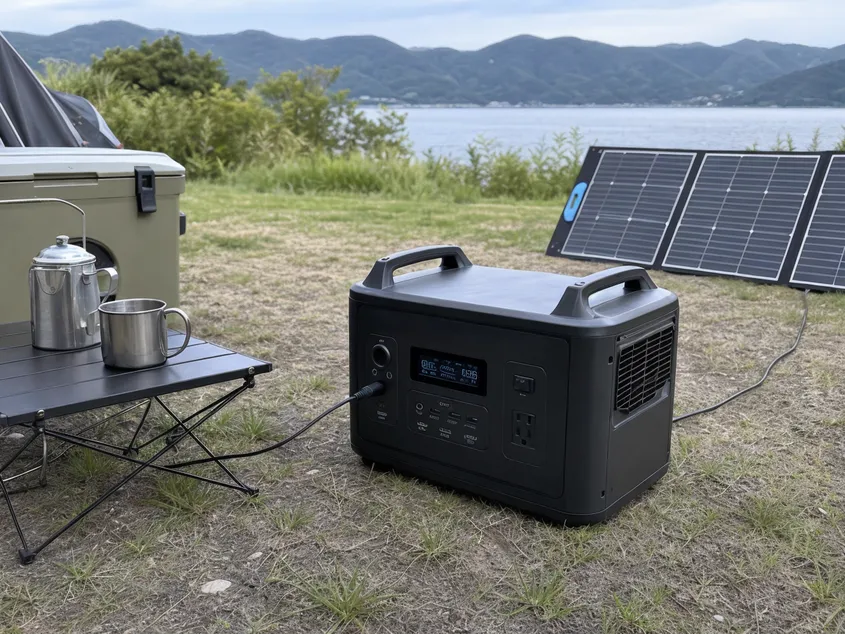 Portable solar battery for camping — rugged LiFePO4 unit with solar MPPT input in outdoor field setting
