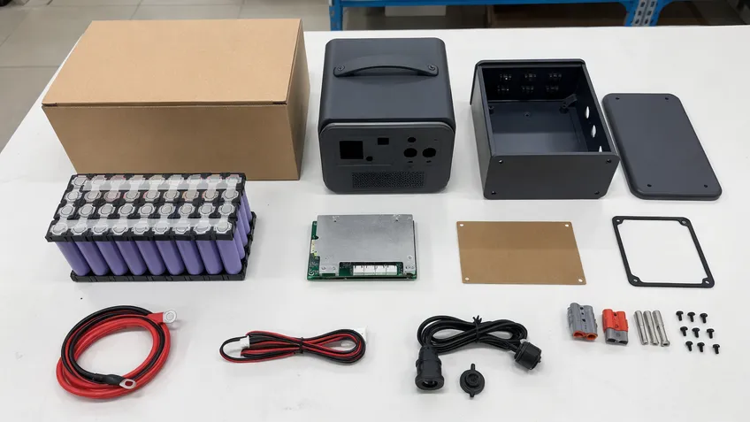 Portable solar battery kit components laid out showing battery pack, BMS, cables, casing, and packaging