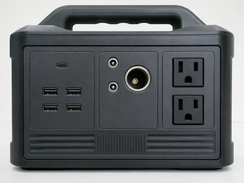 Output port configuration options on a portable solar battery kit showing USB-A, USB-C PD, DC 12V, and AC inverter outputs