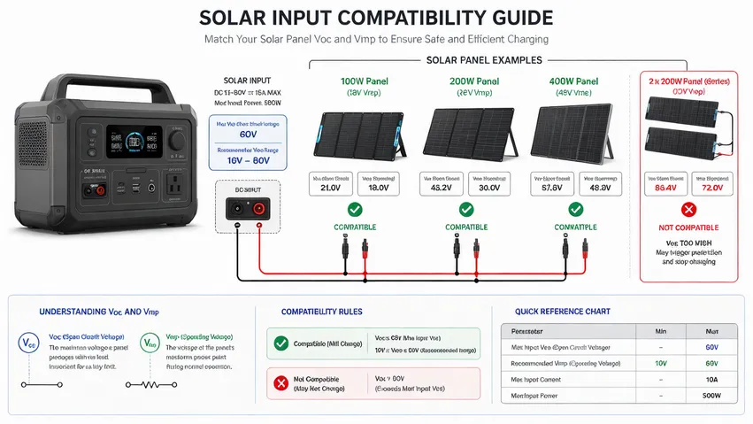 Solar panel voltage matching diagram showing Voc and Vmp compatibility with portable battery kit charge controller