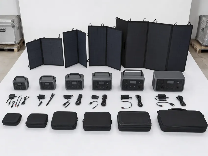 Portable solar battery kit specification comparison overview showing LiFePO4 battery units with solar panels and accessories