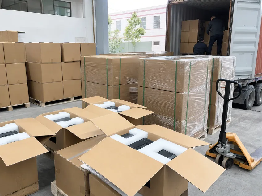 Export packaging and palletization for portable solar battery power stations showing reinforced cartons and container loading