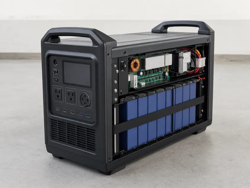 Portable solar battery power station with LiFePO4 cells, BMS, and inverter in a single enclosure