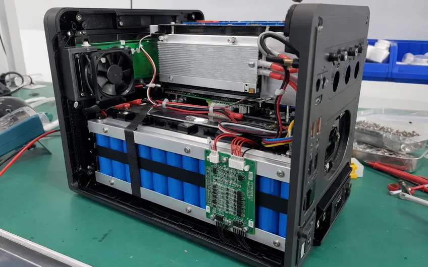 Internal view of portable solar battery power station showing cell pack, BMS board, and inverter module