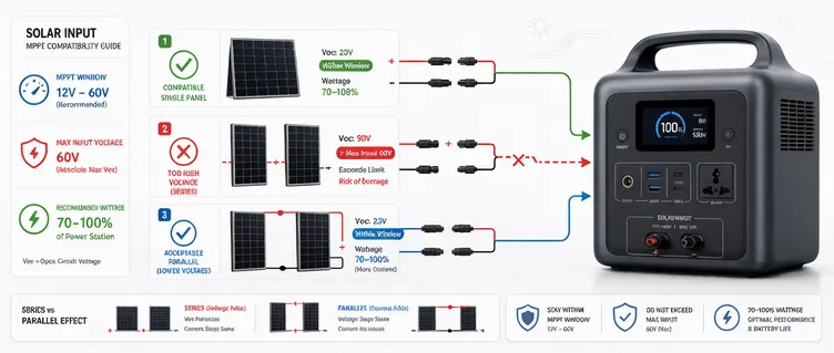 Solar panel MPPT input voltage compatibility diagram for portable power stations
