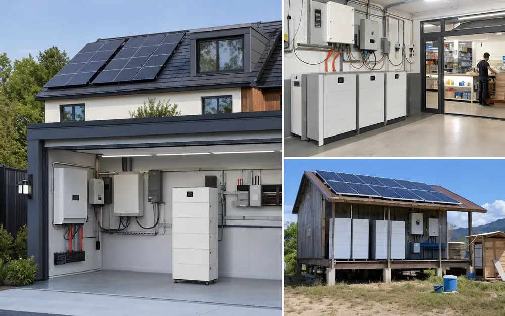 Multiple commercial applications for 10kW solar battery storage including residential, commercial backup, and off-grid installations