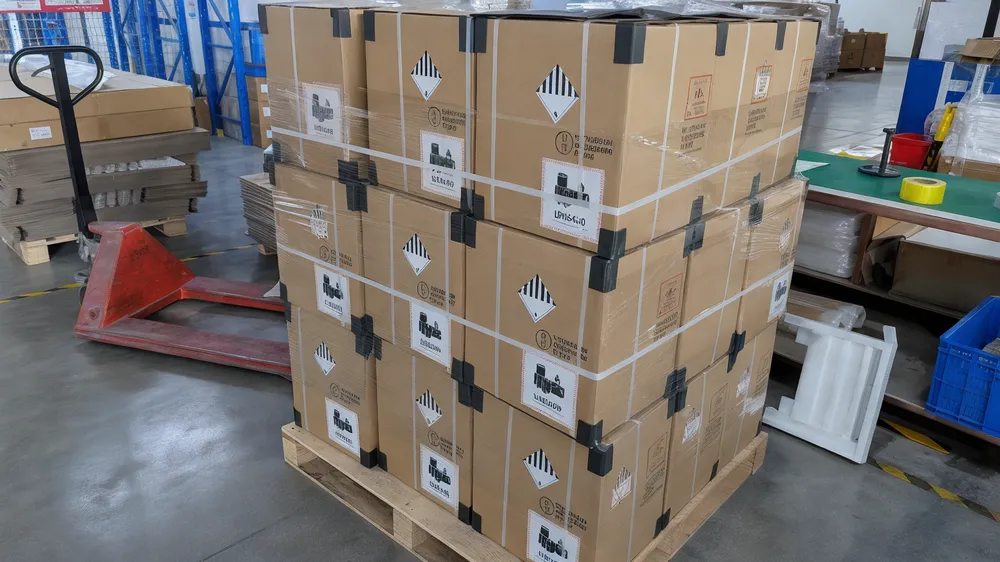 Lithium battery export packaging with DG markings and reinforced cartons on pallet