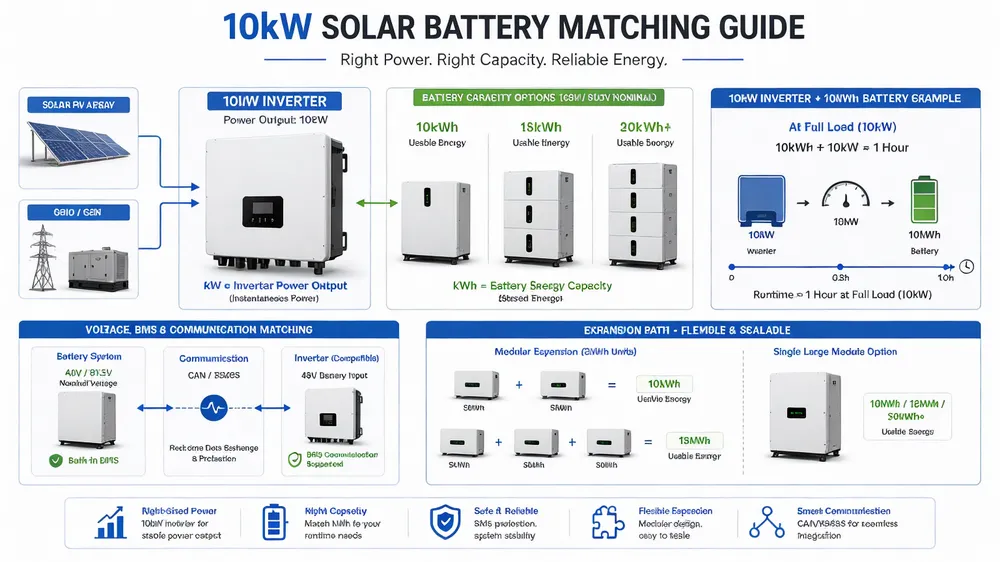 Diagram showing kW inverter to kWh battery matching for 10kW solar systems